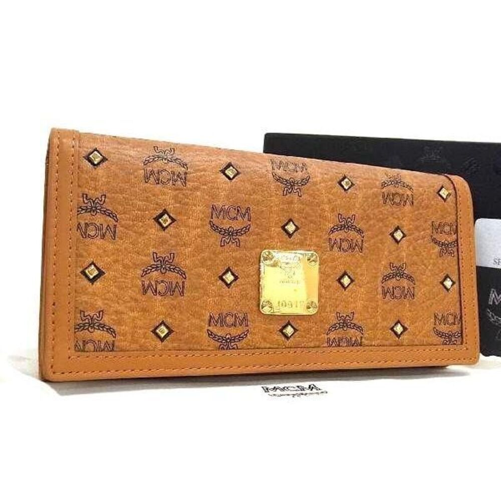 MCM Monogram Visetos Leather Studded Tri fold Long Wallet Brown